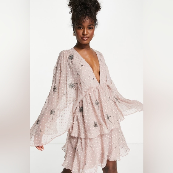 ASOS Design Long Sleeve tiered Dobby Minidress in Light Pink at Nordstrom, Size 6 Us